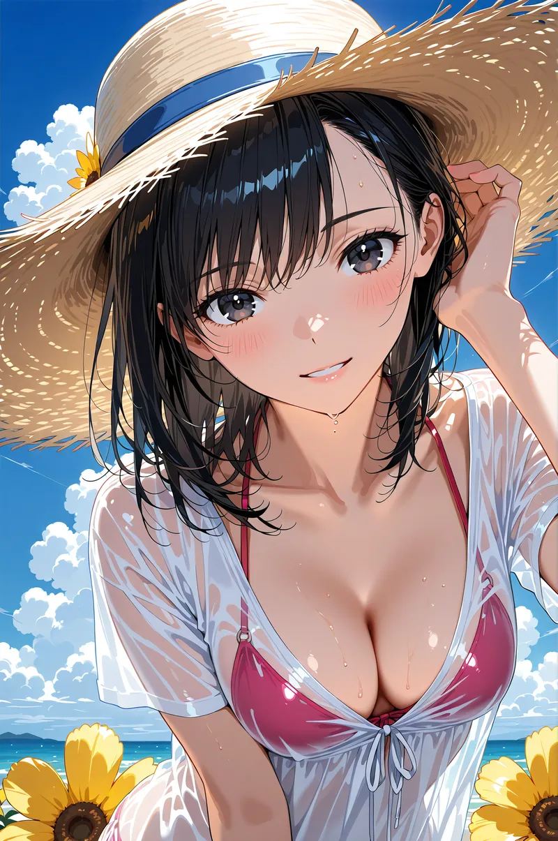 黒髪に麦わら帽子をかぶった美少女が、爽やかな青空を背景に優しく微笑むアニメ調イラストです。向日葵があしらわれた夏らしい情景で、清涼感のある表情と構図が魅力的に描かれています。