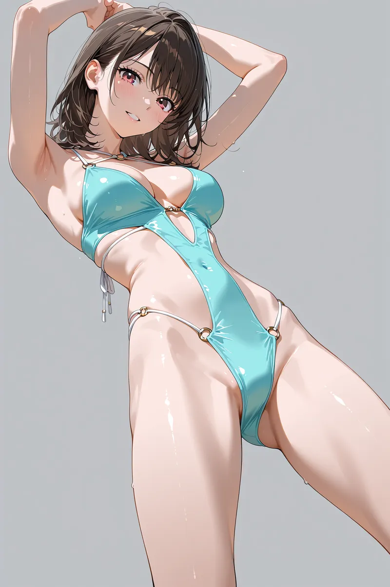 黒髪のショートボブにピンク色の瞳が印象的な美少女が、ターコイズブルーの水着姿で腕を上げたポーズを取るアニメ調イラスト。柔らかな陰影と滑らかな肌質表現が特徴的です。