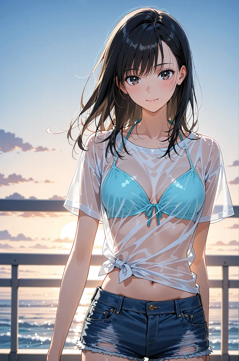 透け感のある白いシャツを羽織った黒髪ロングの少女が、海を背景に立つポートレート。青いビキニトップと紺色のデニムショーツの爽やかなコーディネートで、夕焼けの光に照らされた表情は清楚で優雅です。