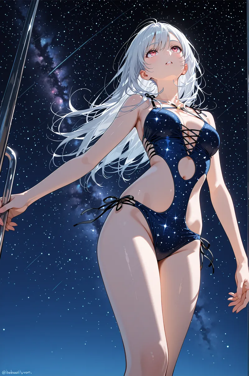 白銀の長髪と赤紫の瞳が印象的な美少女が、満点の星空を背景に上を向いています。紺色の装飾的な衣装と透明感のあるAI生成イラストで、夜空の深さと神秘的な雰囲気を表現した作品です。