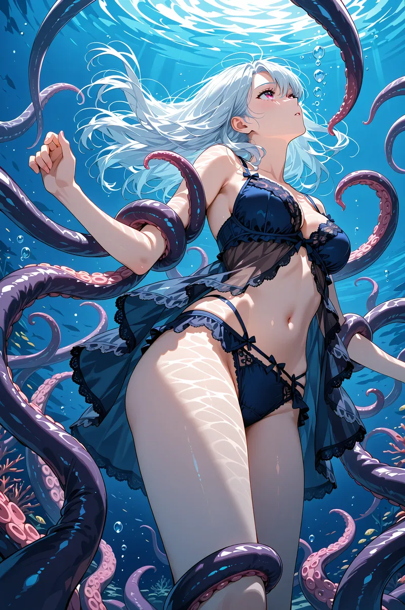 白銀の長髪が流れる水中で、紫色の触手に囲まれた少女が上を見つめています。深い青の背景と光の粒子が、神秘的で夢幻的な雰囲気を演出するアニメ調イラストです。