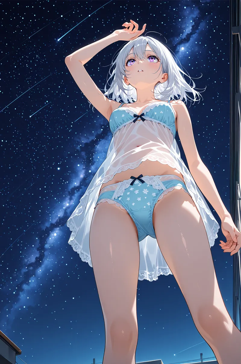 紫紅色の瞳が夜空を仰ぐ、白い短髪の美少女がサテンのような衣装で佇むアニメ調イラスト。流れ星が舞う深い藍色の宇宙背景が幻想的で、柔らかなライティングが優美な表情を引き立てています。