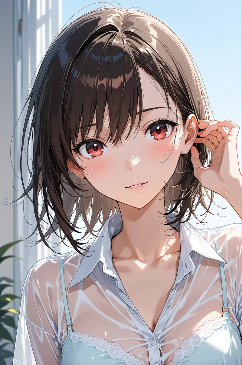 黒髪ショートヘアと赤い瞳が印象的な美少女イラスト。白いシャツを身につけ、柔らかい日差しが透ける室内で優しい表情を浮かべています。アニメ調の繊細な色彩表現と、光と影の美しい構成が特徴です。