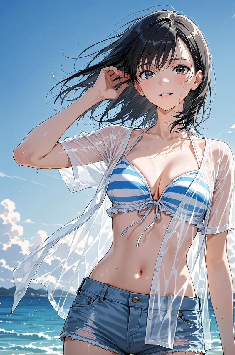青い空と海を背景に、黒髪を優しくまとめた美少女が笑顔で微笑みます。清涼感あふれる白いシャツと縞模様のトップス、デニムショーツの夏らしいコーディネートが特徴のアニメ調イラストです。