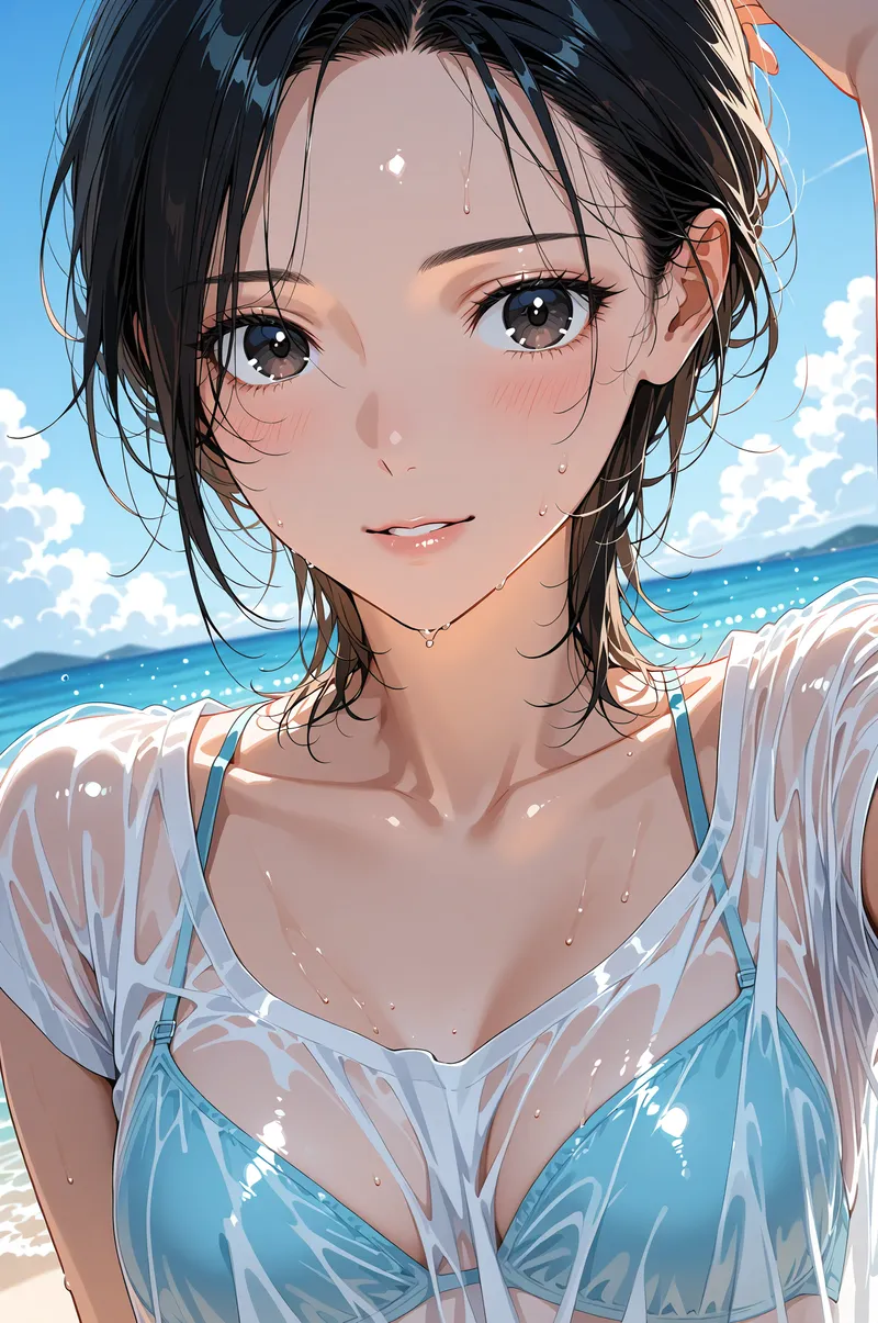 黒髪をかき上げた清楚な表情のアニメ調イラスト。青い海と白い雲が広がる背景で、爽やかな笑顔を向けています。水の透明感とみずみずしい雰囲気が印象的な作品です。