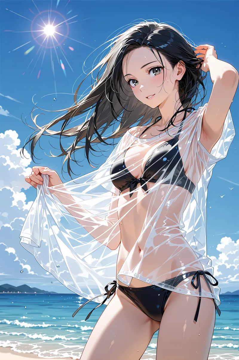 澄み渡る青空と輝く太陽の下、黒髪を優しくなびかせながら微笑む美少女のアニメ調イラスト。白いシアーシャツが潮風になびき、海辺の爽やかな雰囲気が印象的です。