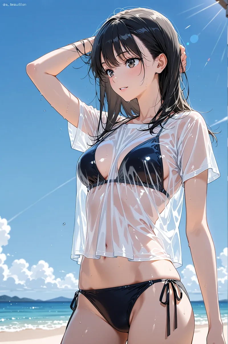 清々しい青空とビーチを背景に、黒髪をかき上げた美少女のアニメ調イラストです。白いシアーカットソーと黒のボトムスを合わせた爽やかなスタイルで、海風に揺れる髪と穏やかな表情が印象的な一枚です。