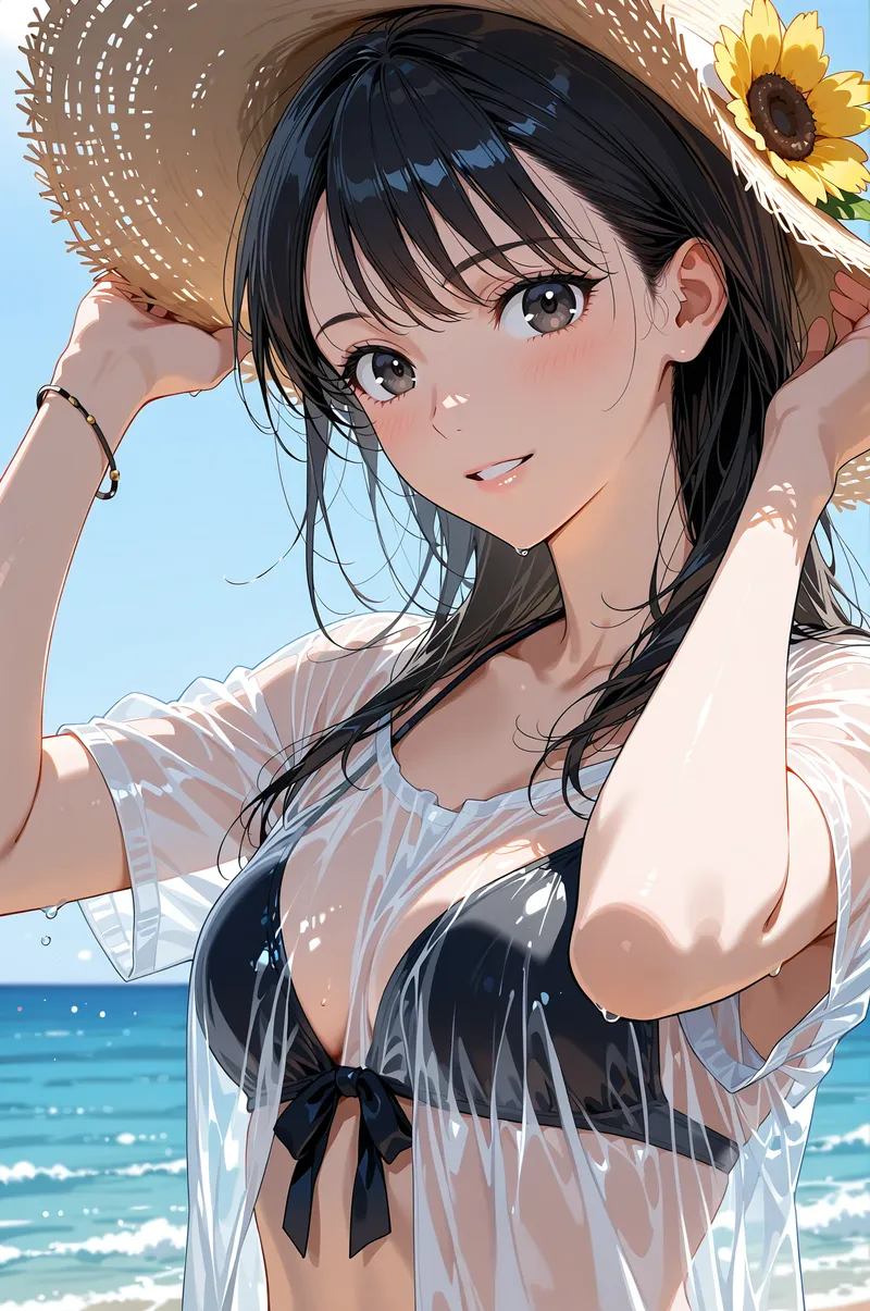 青空と海を背景に、黒髪にやさしく笑みを浮かべた美少女が麦わら帽子をかぶっています。透明感のある白いシャツと黒いビキニトップを身に纏い、腕を上げた自然なポーズで夏の日中の爽やかさを表現したアニメ調イラストです。