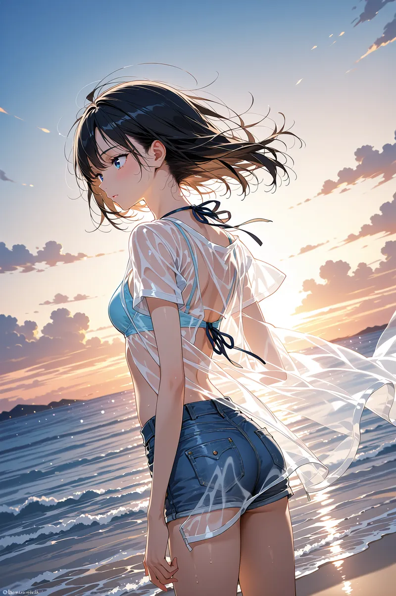 黒髪が風になびく美少女が夕日に照らされたビーチで振り返る姿。紺のショーツと白いシャツの爽やかな夏姿で、黄金色に輝く海と空のグラデーション背景が印象的なアニメ調イラスト。
