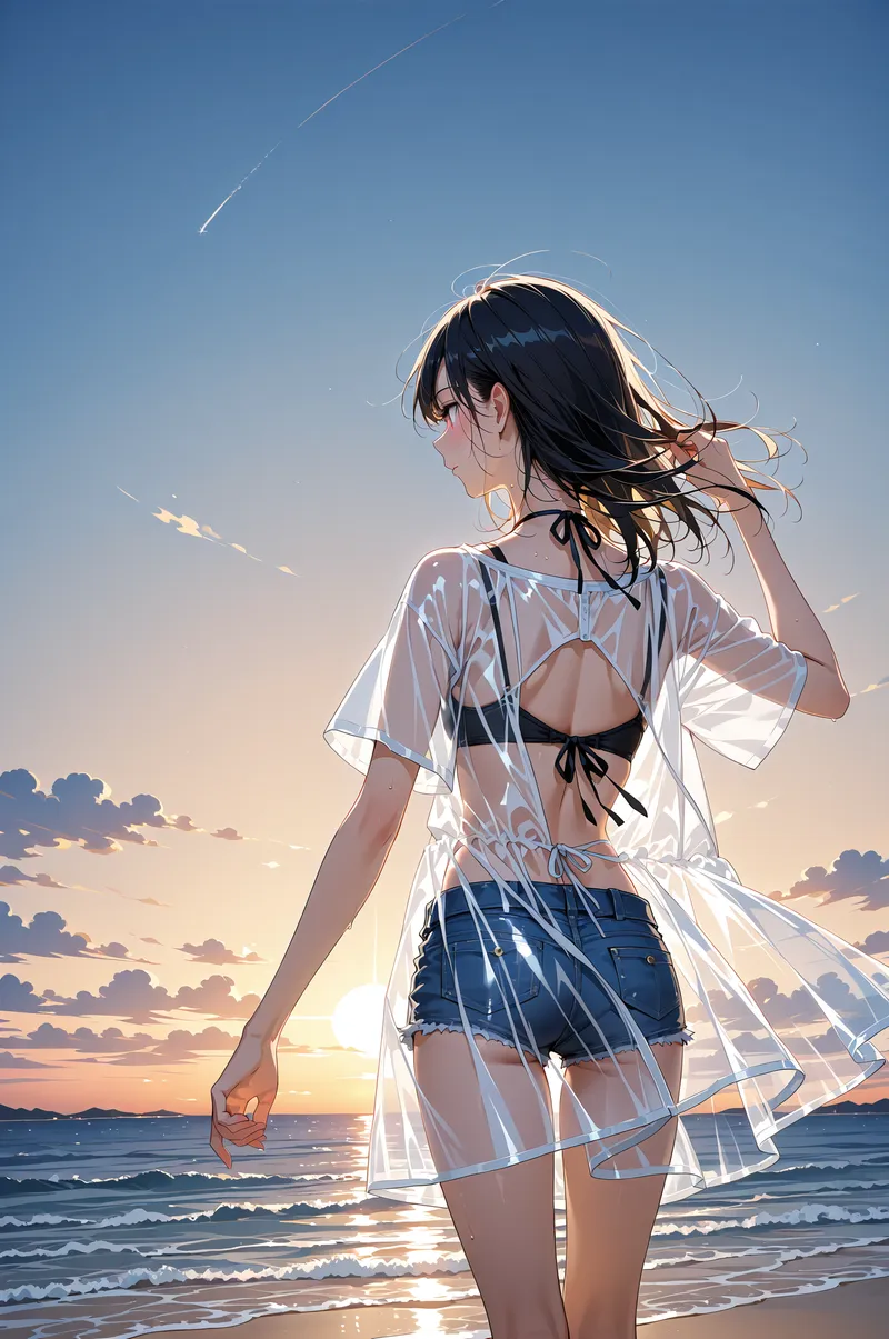透け感のある白いシャツを羽織り、黒髪を風になびかせながら夕焼けの海を眺める少女。流れ星の輝く青空と黄金色に染まった波が印象的なアニメ調イラストです。