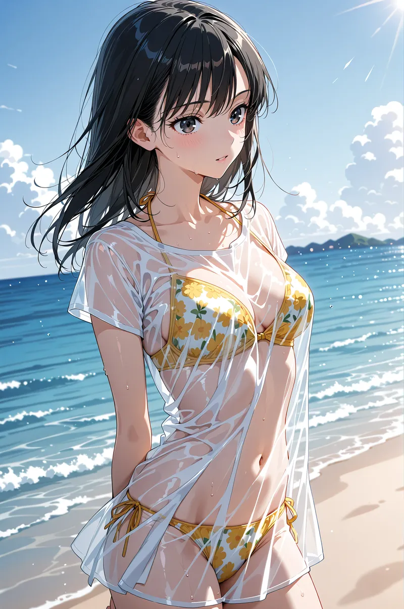 透光した白いワンピースを身にまとった黒髪の美少女が、波打つ海を背景に穏やかな表情で佇んでいます。金色の花柄がアクセントの清楚な装いと、澄んだ青空のコントラストが印象的なアニメ調イラストです。