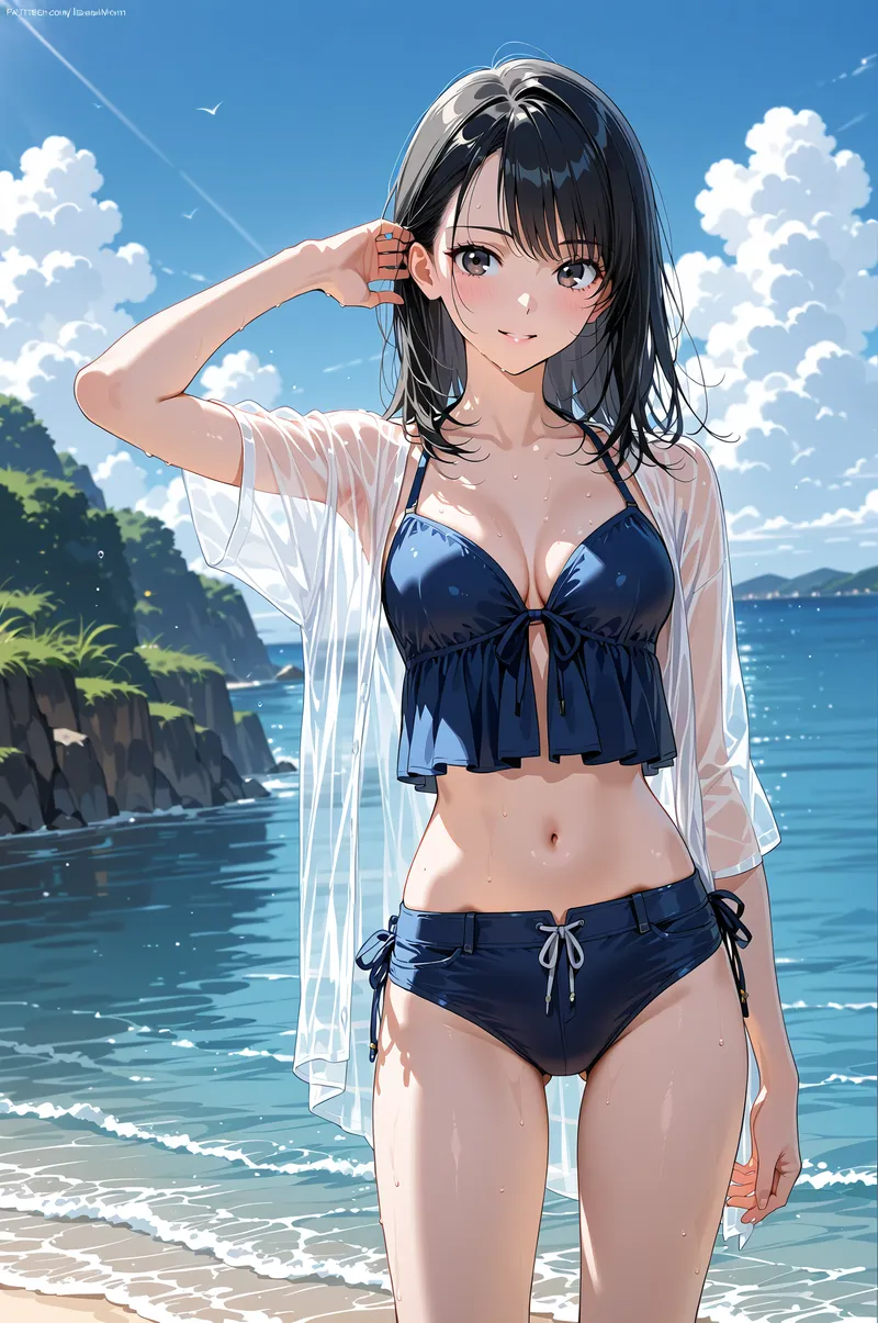 透き通るような白いシャツを羽織った黒髪の少女が、青く輝く海を背景に爽やかな笑顔を見せています。晴天の下、白い雲と波打つ水面が印象的な海辺での撮影シーンです。