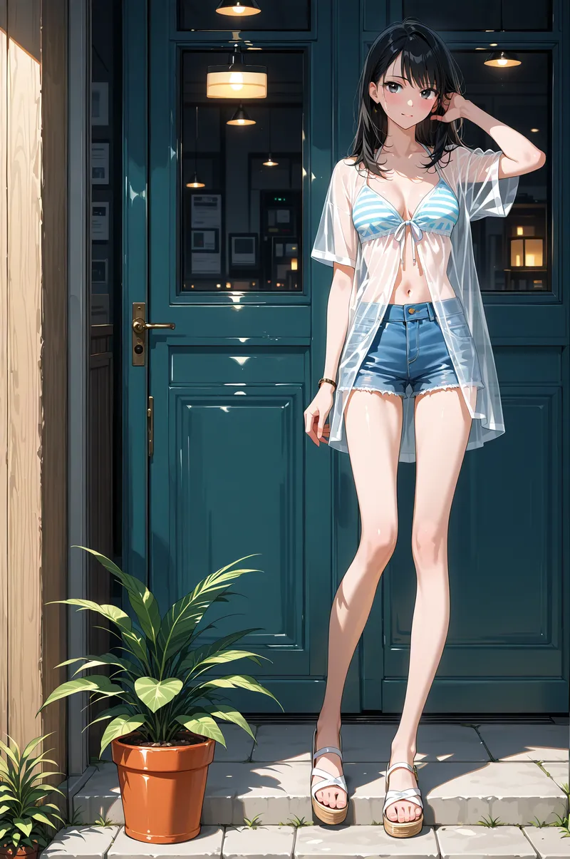 青緑色のモダンな建物前で、白いシャツと青のショートパンツを合わせた爽やかなコーディネートの美少女が立ち姿を見せています。暖色の照明と植栽が、洗練された都市空間の雰囲気を引き立てています。