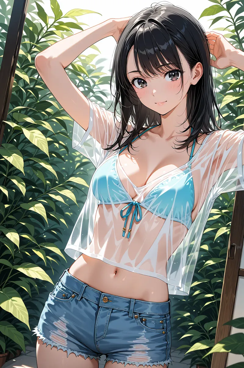 黒髪のショートヘアに爽やかな笑顔が印象的な女性のアニメ調イラストです。白いシャツと青いデニムの夏らしいスタイルで、背景の青々とした緑の植物に囲まれた野外でのポートレート表現となっています。