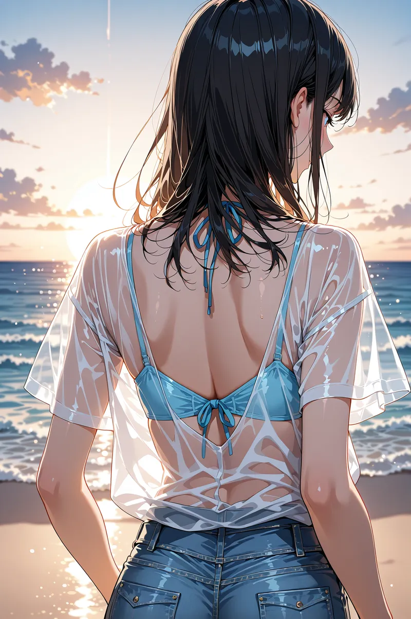 黒髪が風になびく浜辺で、青いビキニと透け感のあるシャツを合わせた美少女が夕焼けに照らされています。波打つ海と空のグラデーションが印象的なアニメ調イラストです。