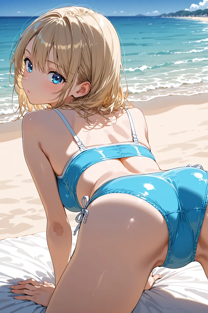 輝く青い瞳と淡色ショートヘアが印象的な、海辺のビーチシーンです。青いビキニ姿で砂浜に座り、波打つ海と白い雲が広がる背景の中で、柔らかな笑顔を浮かべた癒し系アニメ調イラストです。