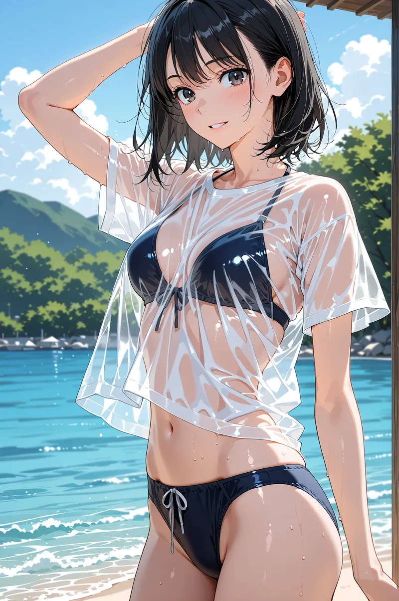 青く澄んだ海を背景に、黒髪ショートヘアの少女が白いシャツを羽織り、さわやかな笑顔で髪に手をあてるアニメ調イラストです。南国的な風景と爽やかな表情が印象的な一枚。