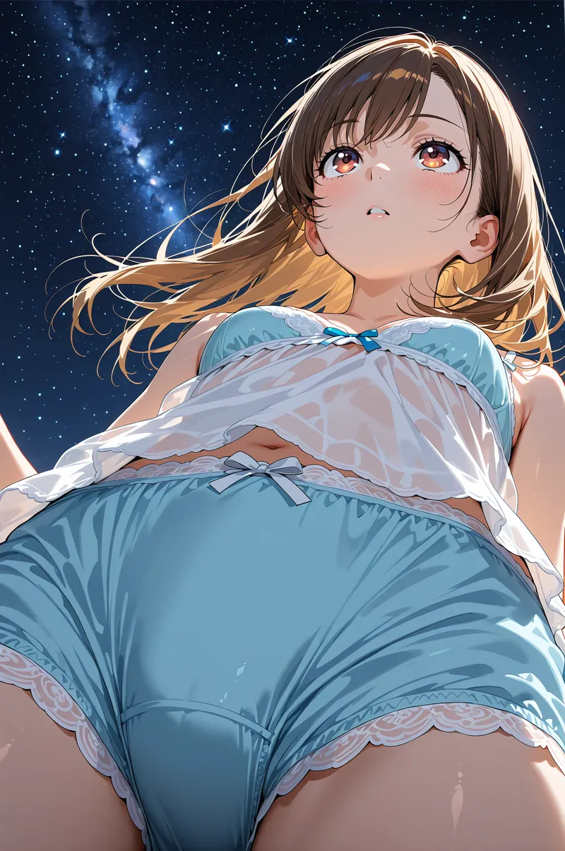 白と青の柔らかなナイトウェアに身を包んだ美少女が、星々輝く夜空を静かに見上げています。茶色くサラサラした長髪が風になびき、優しい表情と淡い光の表現が幻想的な雰囲気を演出しています。