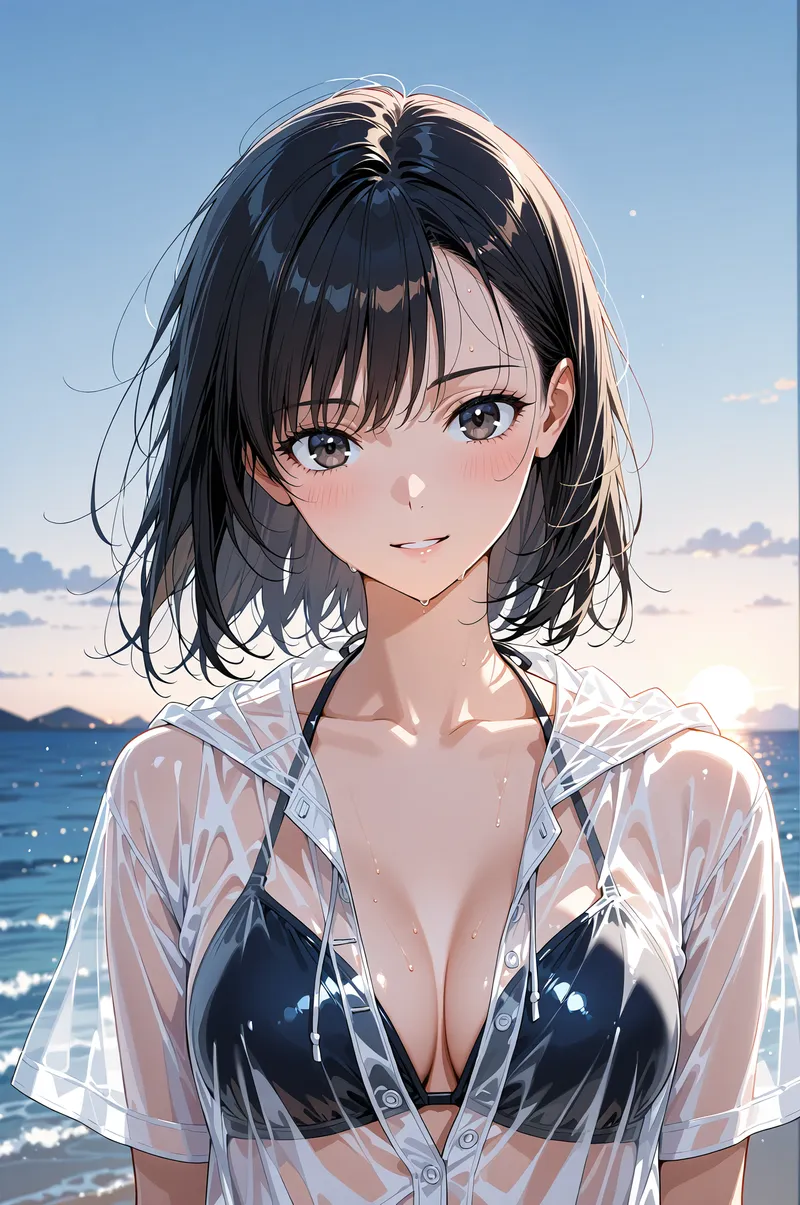 清々しい海を背景に、黒髪のショートヘアをなびかせる美少女のポートレートです。爽やかな表情と透明感のある白いシャツが、青い空と海の風景とよく調和しています。
