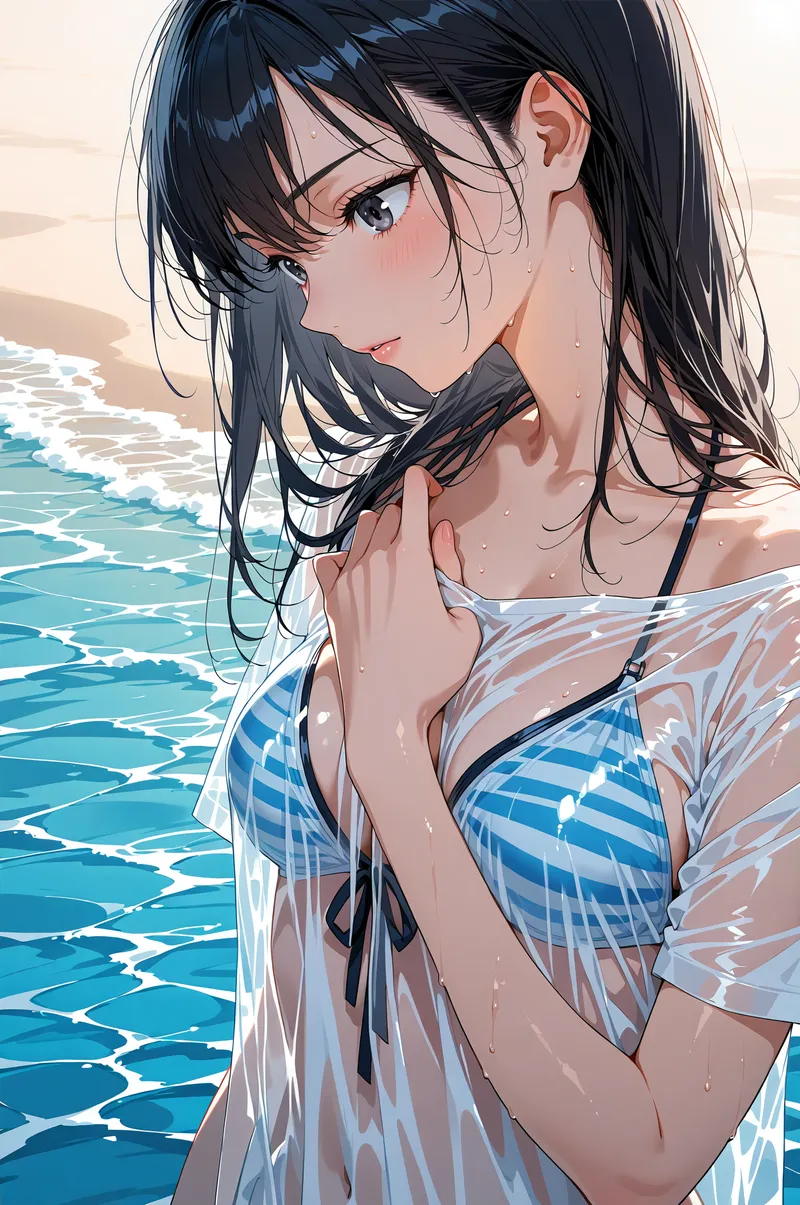 透き通るような肌と黒髪が印象的な美少女が、青い海を背景に横向きで佇むアニメ調のイラストです。爽やかな表情と、白い薄い羽織から覗く肩の線が、夏の海での一瞬を切り取った清楚な作品となっています。