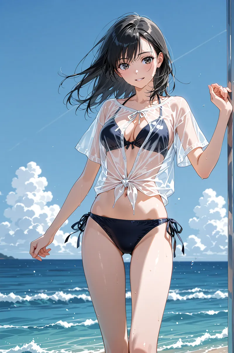 澄んだ青空と輝く海を背景に、黒髪をなびかせた美少女が爽やかな笑顔で佇むアニメ調イラスト。透明感のある白いシャツと海水を思わせる清涼感あふれる夏のワンシーンです。