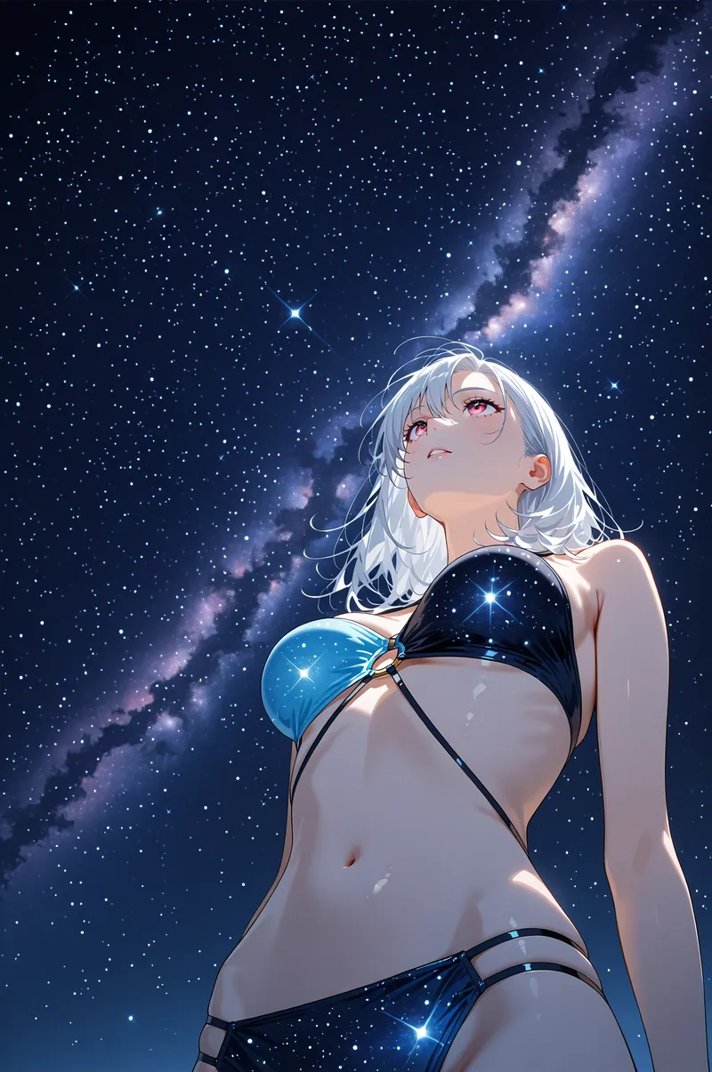 深い紺色の夜空と銀河を背景に、白いロングヘアと赤紫色の瞳を持つ少女が上を見つめるポートレート。宇宙的な輝きと清潔感のあるアニメ調イラストです。