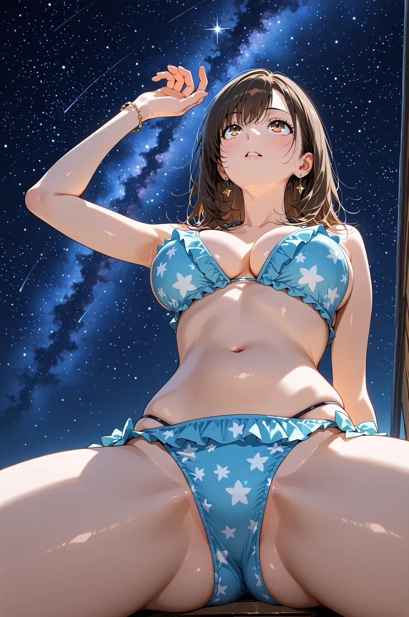 深い青の星柄水着で夜空を仰ぎ見る美少女のイラスト。金色のアクセサリーと黒髪、柔らかな表情が優雅な雰囲気を演出しています。銀河と流星が輝く背景が幻想的な一枚です。