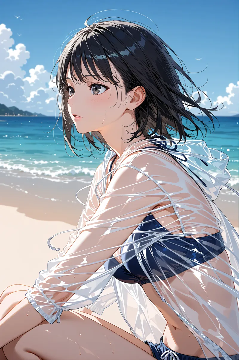 透明感のある白いシャツを羽織り、紺のスカートで海辺に佇む美少女のアニメ調イラスト。黒髪がそよ風になびき、青空と煌めく海を背景に穏やかな横顔を見せています。