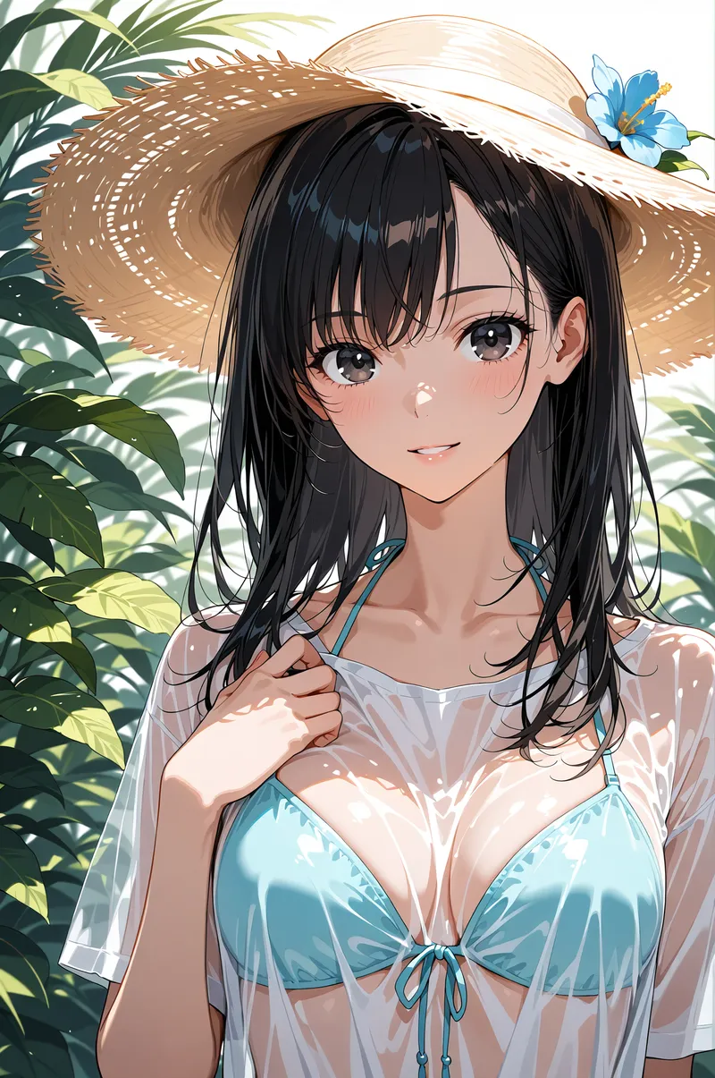 黒髪にふんわりした麦わら帽子を被った美少女が、青いビキニとシアーな白いシャツで夏の装いを見せています。緑の植物に囲まれた爽やかな背景で、柔らかな日差しが優しく肌を照らすアニメ調イラストです。
