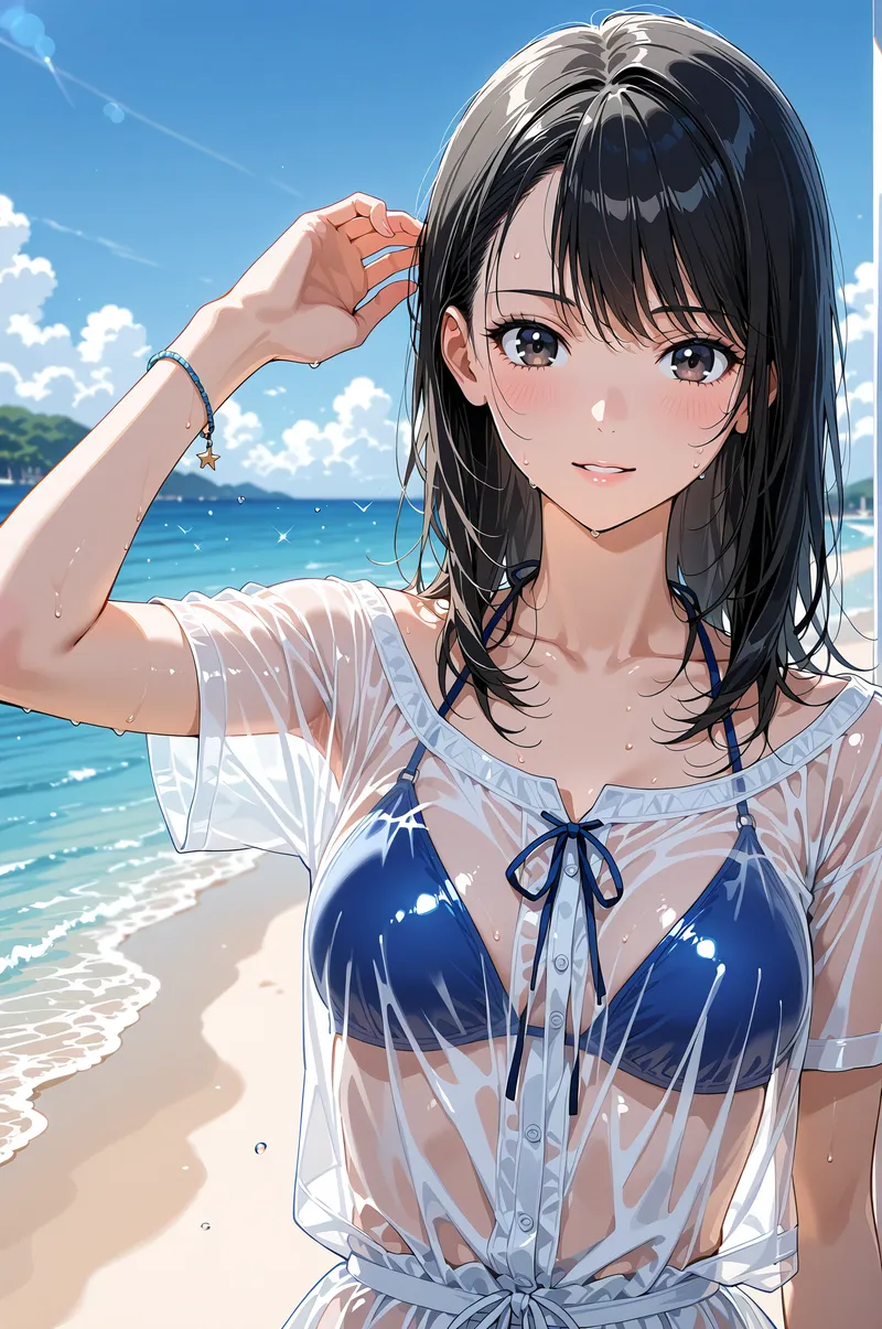 白いシャツを羽織った黒髪の少女が、爽やかなビーチで笑顔を浮かべています。澄み切った青空と輝く海を背景に、髪に手を添える自然なポーズで優雅な雰囲気を演出した夏のポートレート作品です。