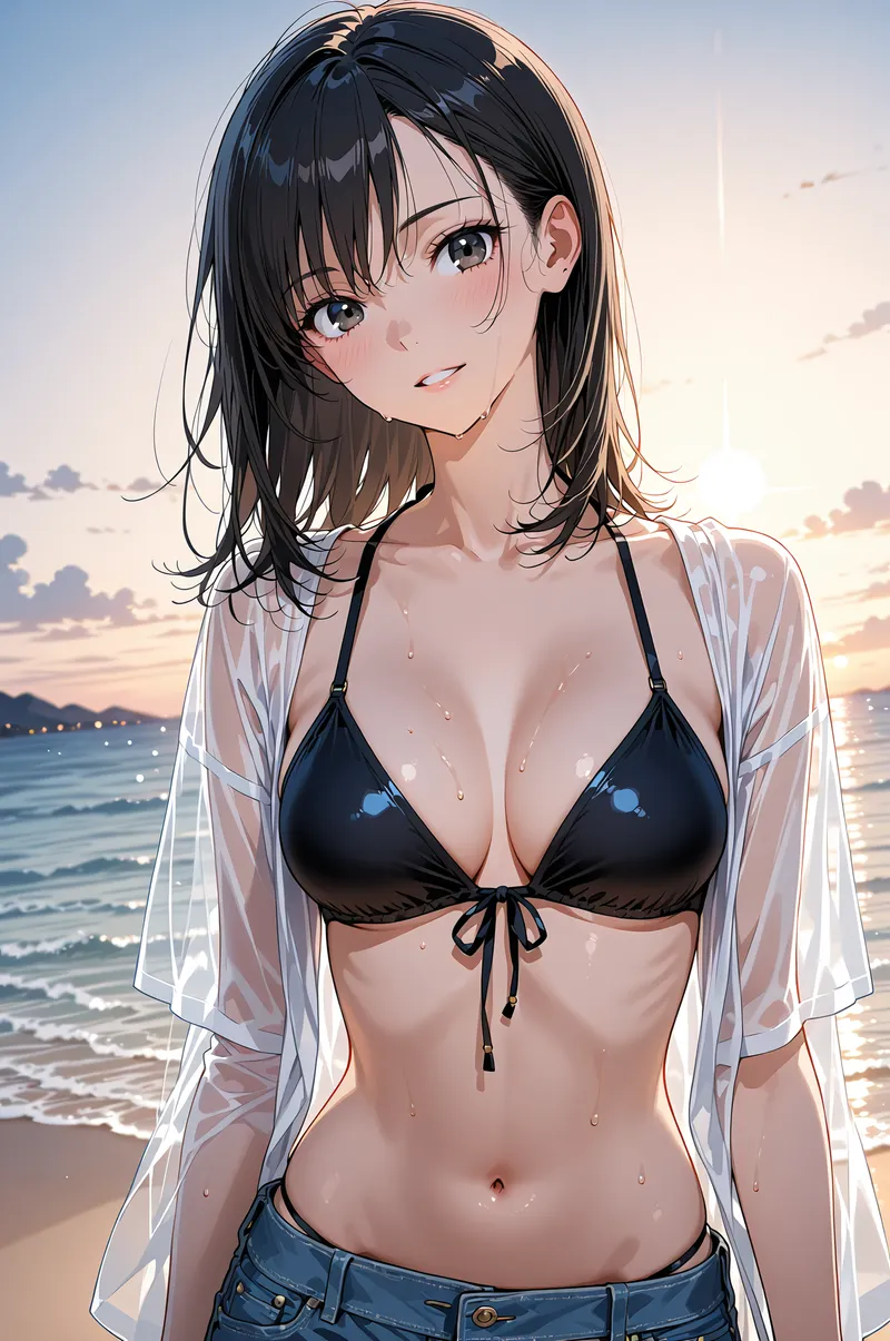 黒髪ミディアムヘアに爽やかな笑顔の美少女が、夕焼けに染まるビーチで白いシャツを羽織った姿。波打つ海と柔らかな光が印象的なAI生成イラストです。
