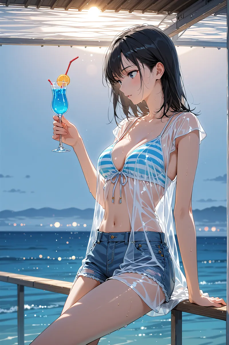 夏の海を背景にした屋外ポートレート。黒髪の美少女が白いシアーシャツを羽織り、ブルーキュラソーのカクテルを優雅に掲げています。透き通った海と夕焼けの光が柔らかく肌を照らし、爽やかで開放的な雰囲気が魅力的なアニメ調イラストです。