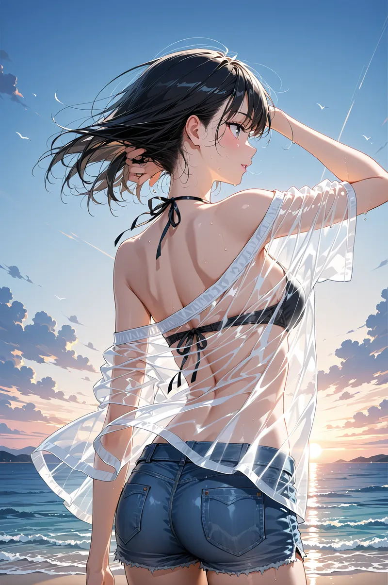 青い空と輝く海を背景に、白いシャツをはためかせた黒髪の少女が横を向いています。夕焼けに染まる開放的な風景の中、爽やかな表情で遠くを見つめるアニメ調の一枚です。