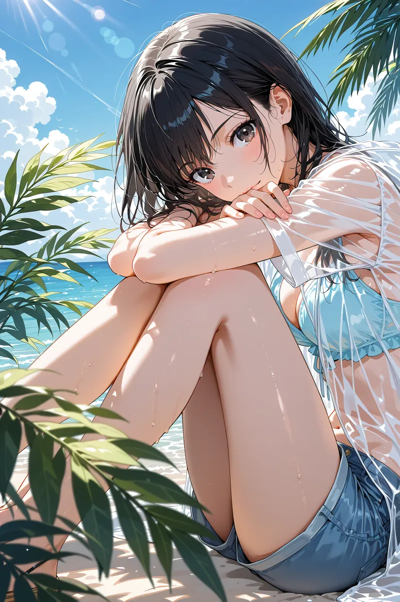 南国の砂浜を背景に、黒髪の美少女が爽やかな笑顔を浮かべるアニメ調イラスト。青い空と波、椰子の葉が柔らかな陽射しの中に映り込み、清楚で優しい雰囲気を演出しています。