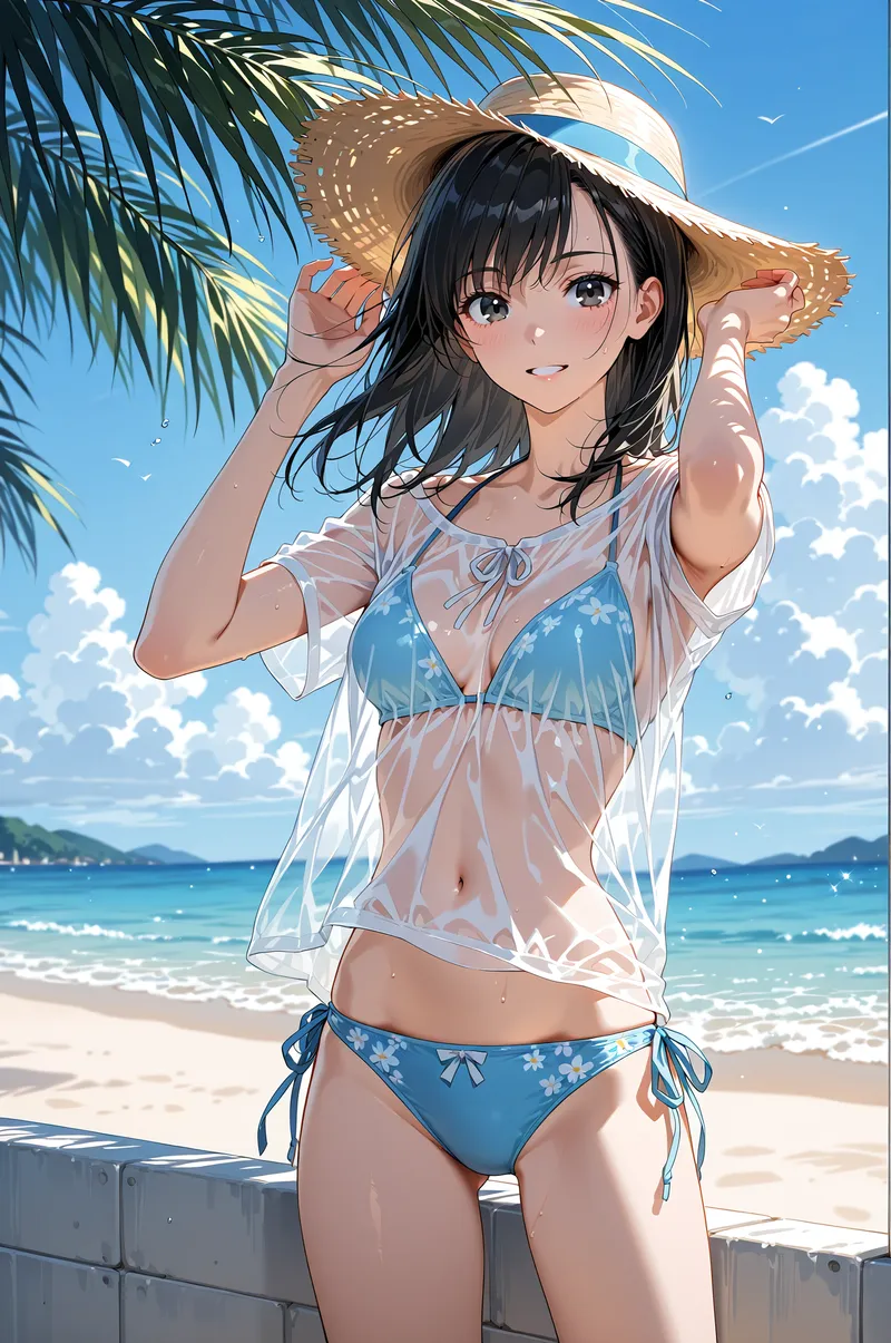 澄み渡った青空の下、麦わら帽子を被った黒髪の少女が浜辺に立つ夏のポートレート。白いシャツと青いビキニ風の衣装で、爽やかな海風が感じられるリゾート風景。黒い瞳が優しく輝き、背景の透き通った海と白い砂浜が夏の開放感を演出しています。