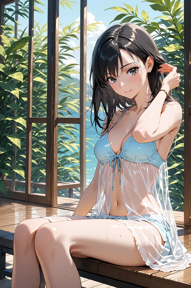 大きな窓越しに見える海を背景に、青白いワンピースを身につけた黒髪の少女がほほ笑んでいます。光溢れる室内と植物に囲まれた優雅なシーンです。