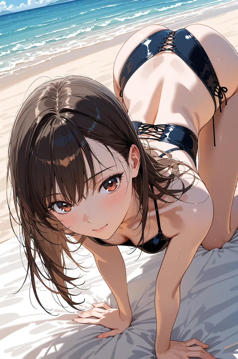 紺色のビキニを着た黒髪の美少女が、澄み切った青い海と白砂のビーチを背景に、砂浜で優しく微笑んでいるアニメ調イラスト。柔らかな日差しの中で、自然で親しみやすい表情が印象的です。