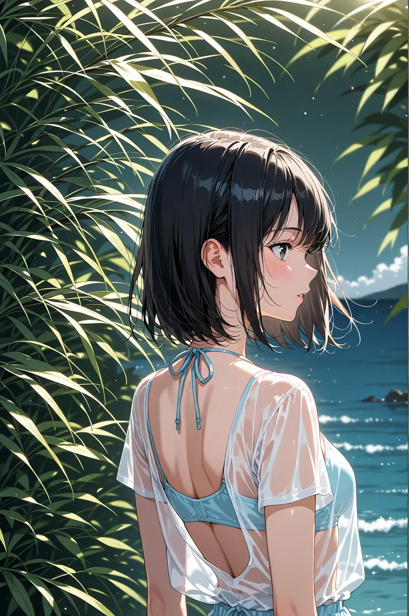 黒髪のショートヘアに爽やかな表情を見せる少女が、海を背景に竹林の中で佇んでいます。白いシャツと青い水着姿で、光と影が優美に交差する夏のワンシーンです。