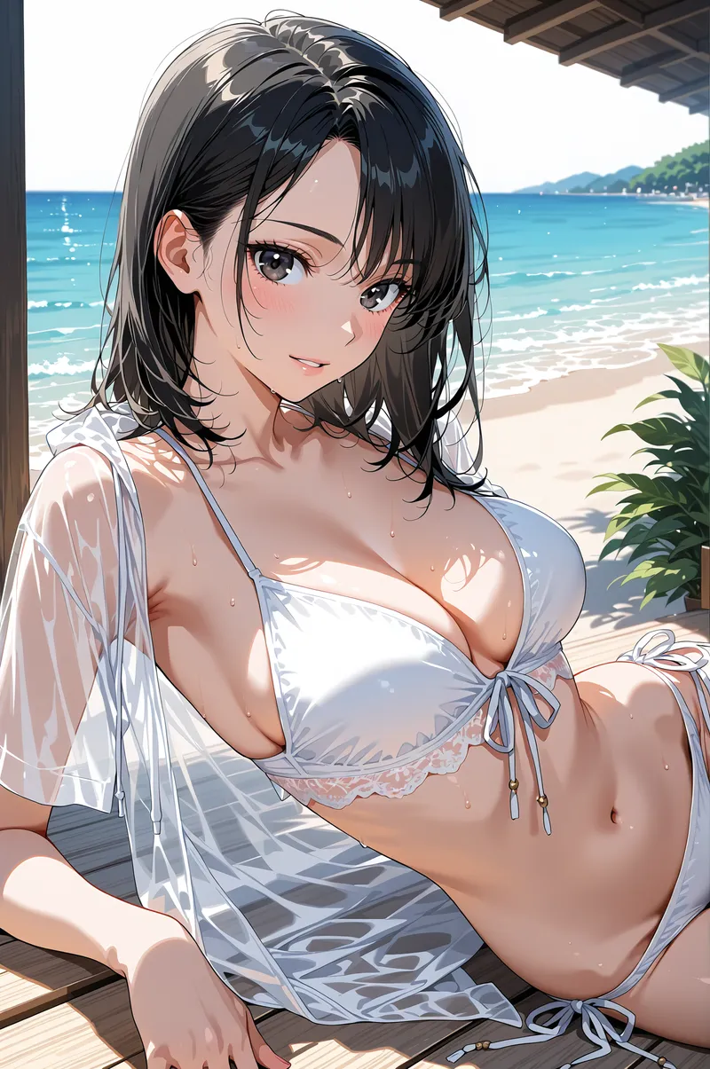 透き通るような青い海を背景に、白いビーチウェアで微笑む黒髪の美少女。柔らかな陽射しが肌を照らし、リゾート風の開放的な雰囲気が魅力的なアニメ調イラストです。