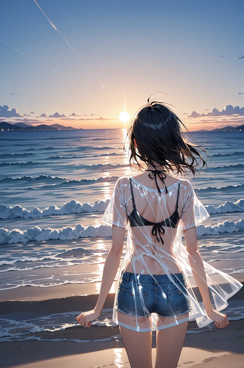 夕日が輝く海を背景に、透け感のある白いシャツをはおった黒髪の美少女が佇む光景です。波打ち際に立ち、夕焼けに染まる空と海の広がりを眺める清涼感溢れるアニメ調イラストです。