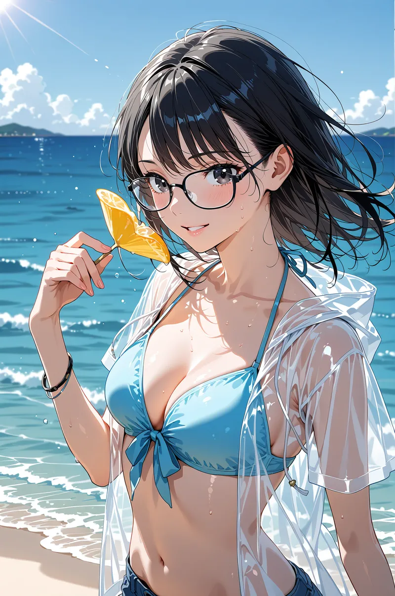 澄み渡った青空と海を背景に、眼鏡をかけた黒髪の少女がレモンを手に笑顔を見せるアニメ調ポートレート。爽やかな浜辺の光と影が自然に描かれています。