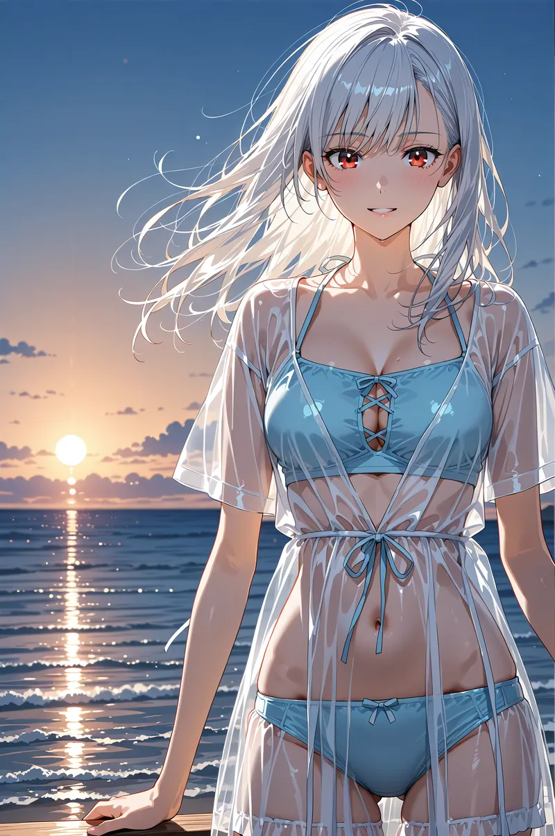白髪の美少女が夕日染まるビーチで微笑む。青と白のドレス姿で、赤い瞳が優しく輝き、風になびく長髪と海景がアニメ調の清涼感を醸し出しています。
