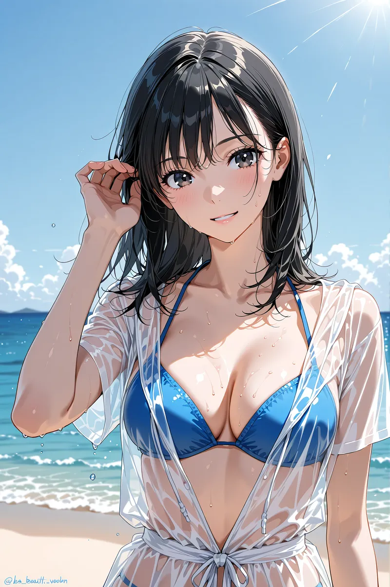 爽やかな青空が広がるビーチで、黒髪の美少女がはにかみながら髪に手を添えています。白いシアーな羽織りと青いビキニで、夏の光に包まれた爽やかなポートレートです。