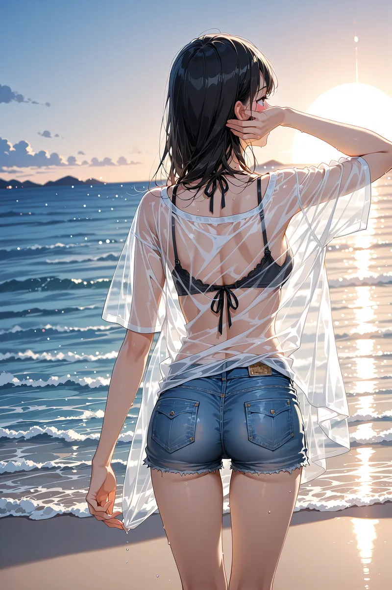 黒髪が揺れる美少女が夕焼けの海を背に佇む。白いシャツとデニムショーツの夏らしい装いで、柔らかい光に包まれた海辺のポートレートです。