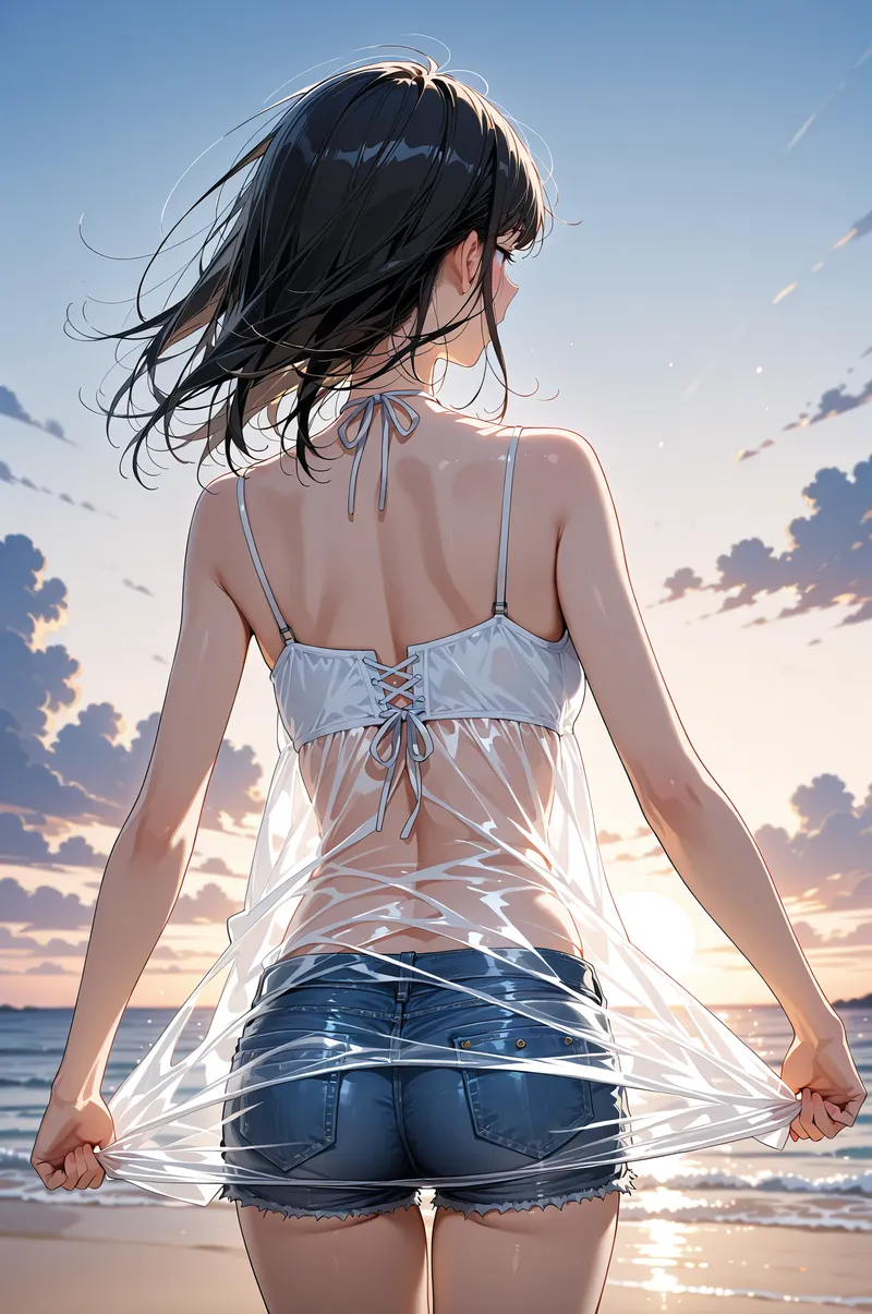 透き通る白いシャツと深い青のデニムを身にまとった少女が、夕焼けの海辺で風になびく黒髪を優雅に流している。波音とそよ風が心地よい爽やかなビーチシーンです。