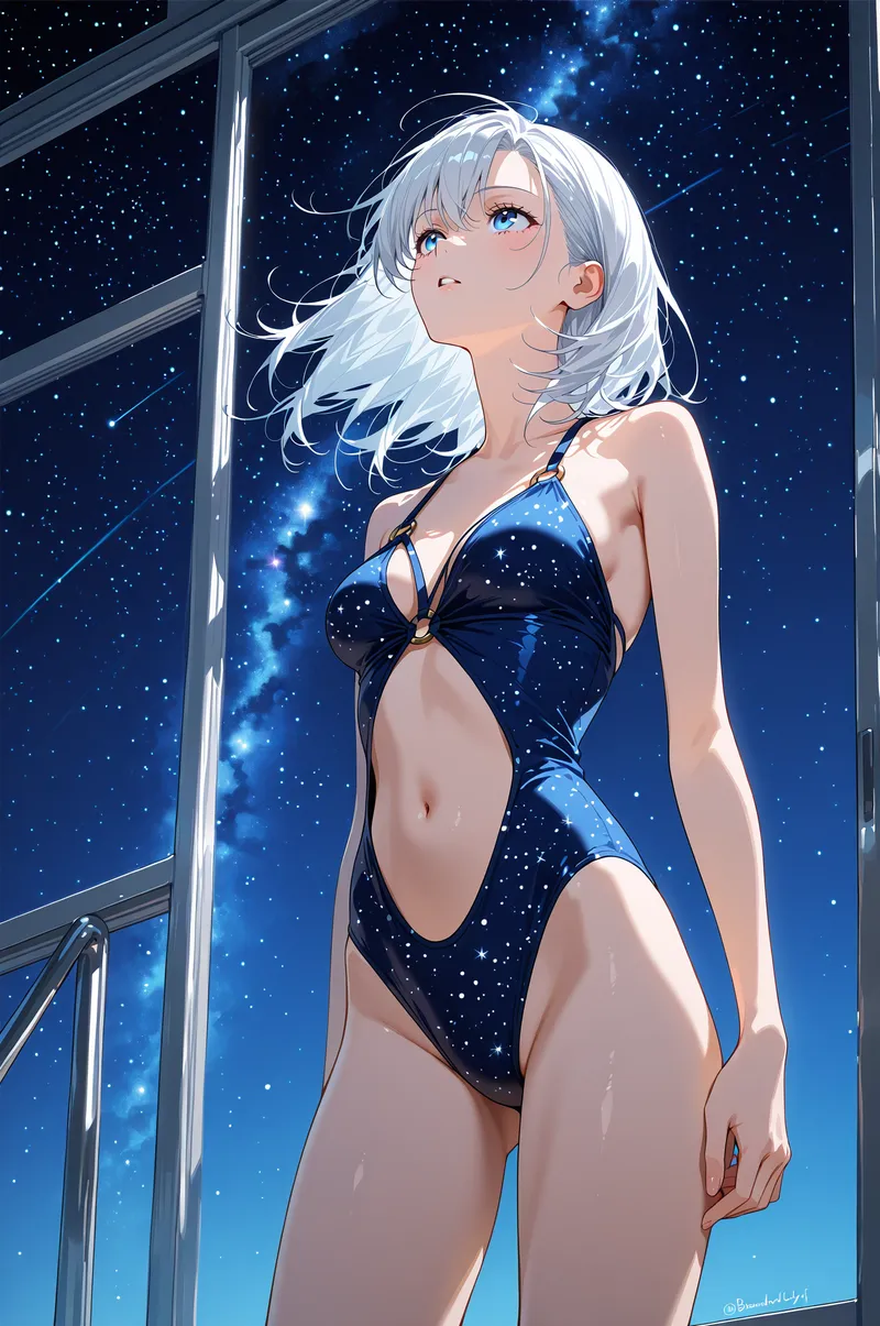 銀河のような深い青に輝く夜空を背にした白髪の少女が、窓際で静かに星を眺めています。清潔感のある横顔と涼しい表情が、宇宙的な雰囲気を引き立てるアニメ調イラストです。
