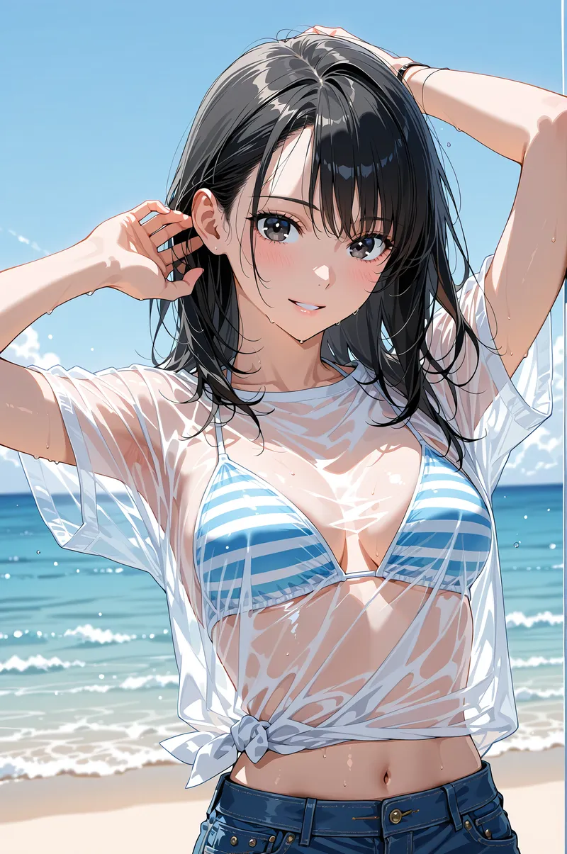 澄み切った青空と海を背景に、白いシャツを着た黒髪の少女が両手を頭に上げ、柔らかな笑顔を浮かべています。爽やかな夏の雰囲気を捉えたアニメ調イラストです。