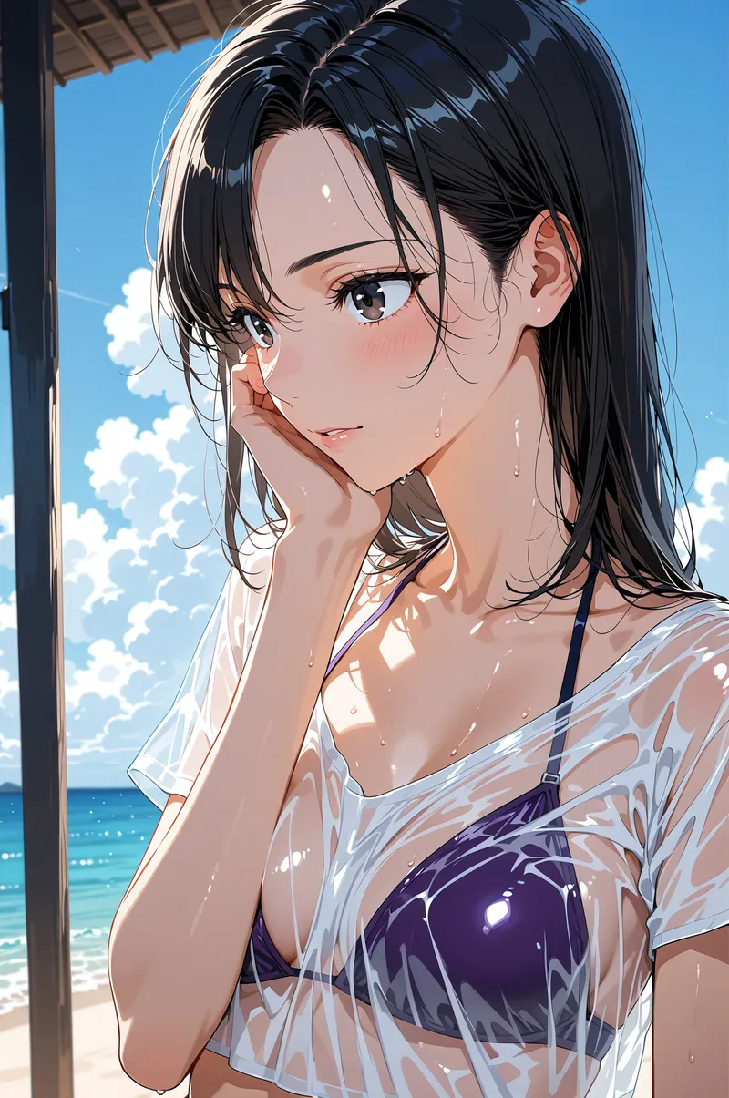 清潔感溢れる白いシャツを身に纏い、青い海と空を背景に優しく振り返る表情が印象的なアニメ調のポートレート。光と影が柔らかく描かれた、爽やかな夏の日中シーンです。