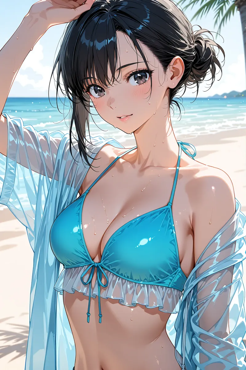 透き通るような青い海を背景に、黒髪をまとめた美少女がさわやかな笑顔を浮かべています。シアー素材の羽織りと青系の装いで、夏の浜辺での爽やかなひとときを表現したアニメ調のポートレート作品です。