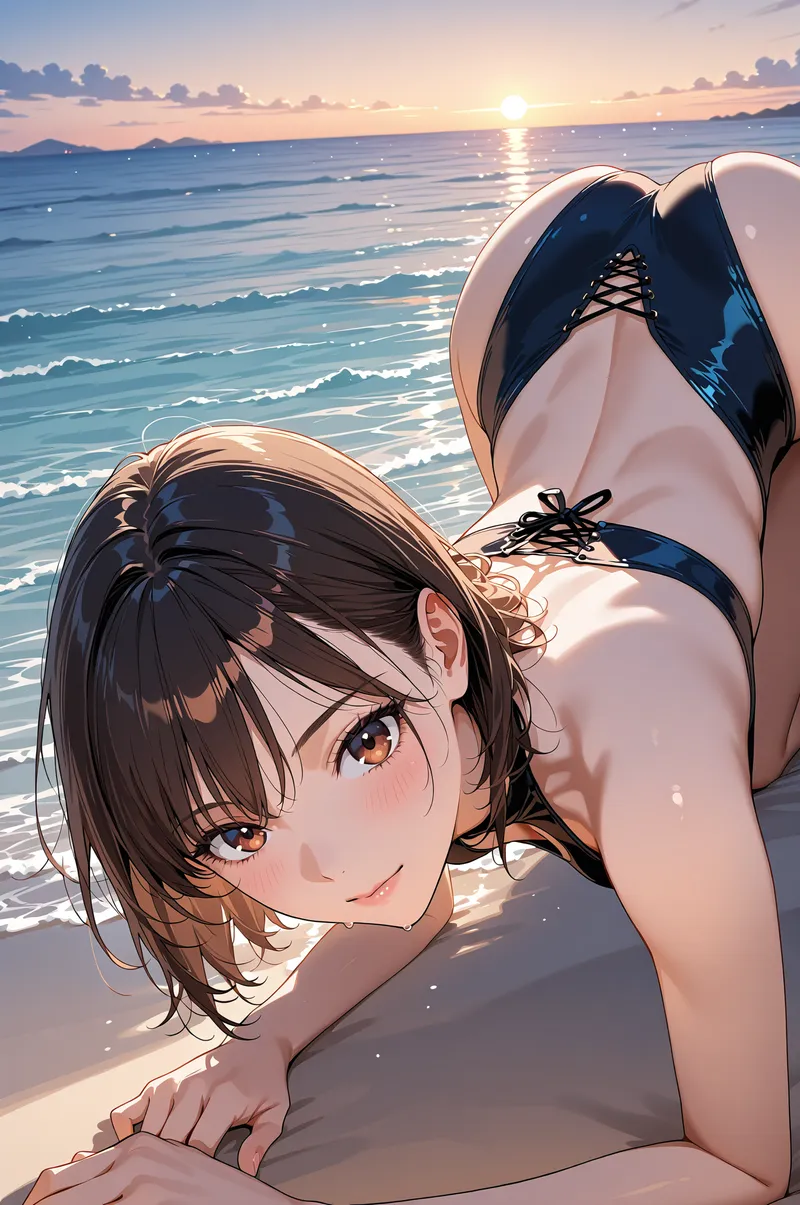 夕日が海を染める浜辺で、黒髪のショートヘアが風になびく少女が振り返り微笑んでいます。紺色の水着姿で砂浜に横たわり、キラめく海と空の黄金色に包まれた爽やかなシーンです。